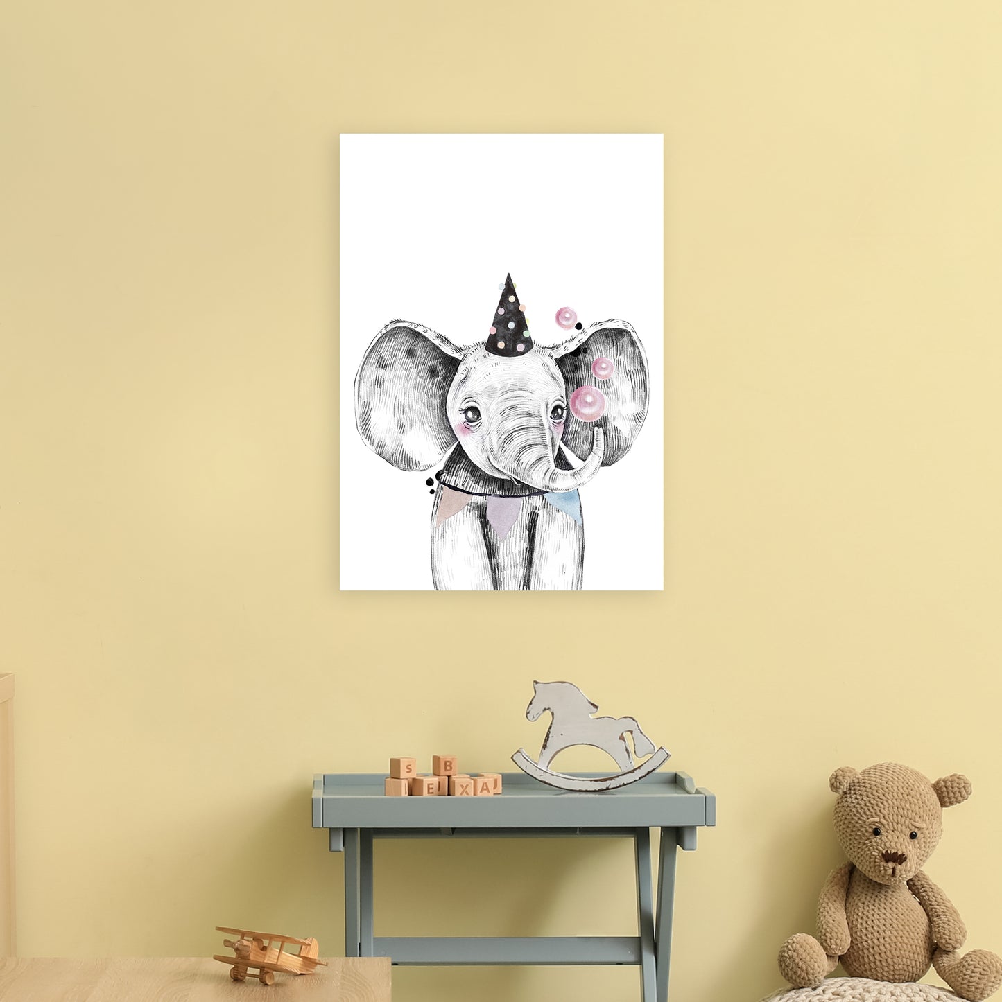 Safari Babies Elephant With Party Hat Art Print by Pixy Paper A2 Black Frame
