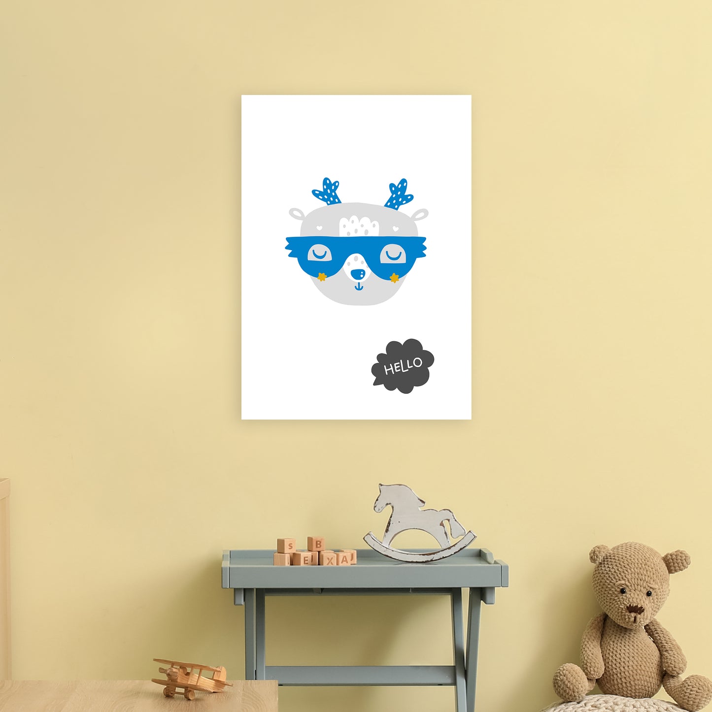 Hello Animal Blue Super Scandi Art Print by Pixy Paper A2 Black Frame