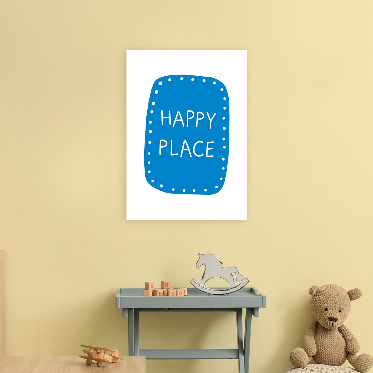 Happy Place Blue Super Scandi Art Print by Pixy Paper A2 Black Frame
