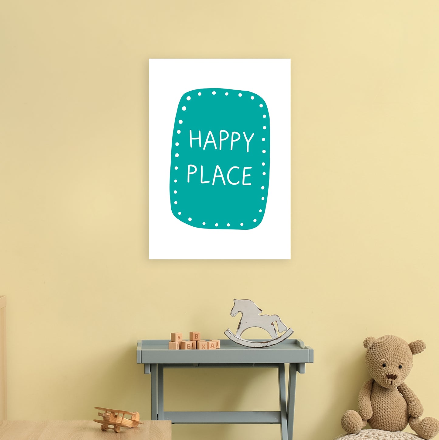 Happy Place Teal Super Scandi Art Print by Pixy Paper A2 Black Frame
