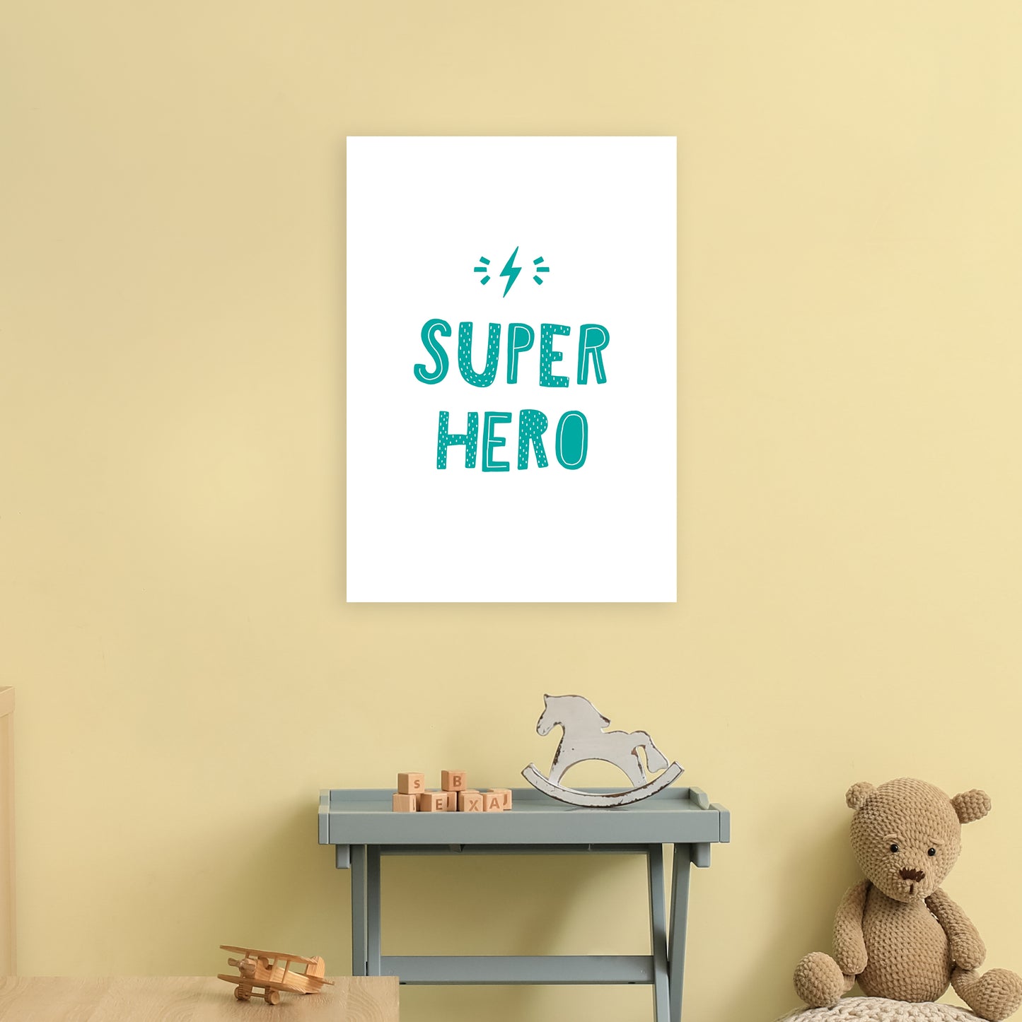 Super Hero Teal Super Scandi Art Print by Pixy Paper A2 Black Frame