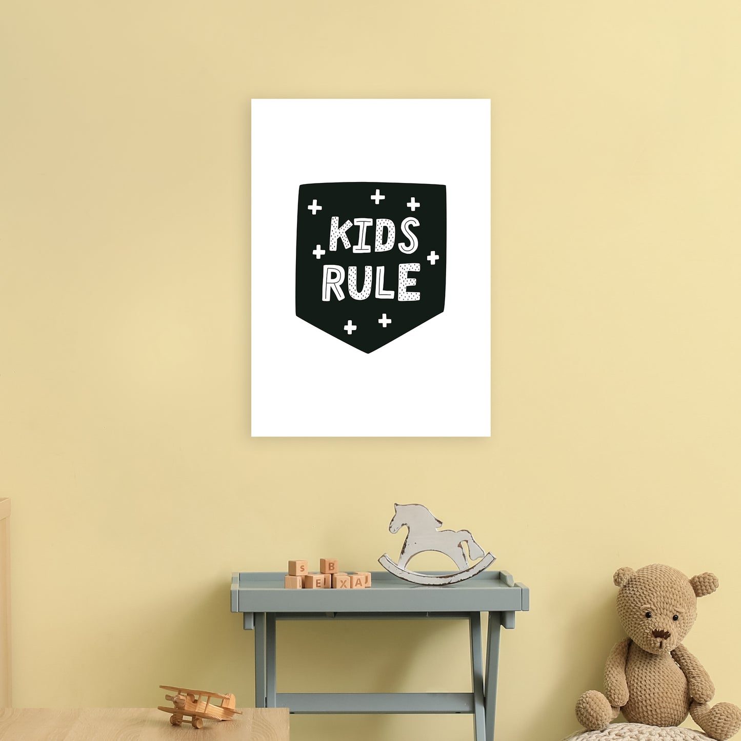 Kids Rule Black Super Scandi Art Print by Pixy Paper A2 Black Frame