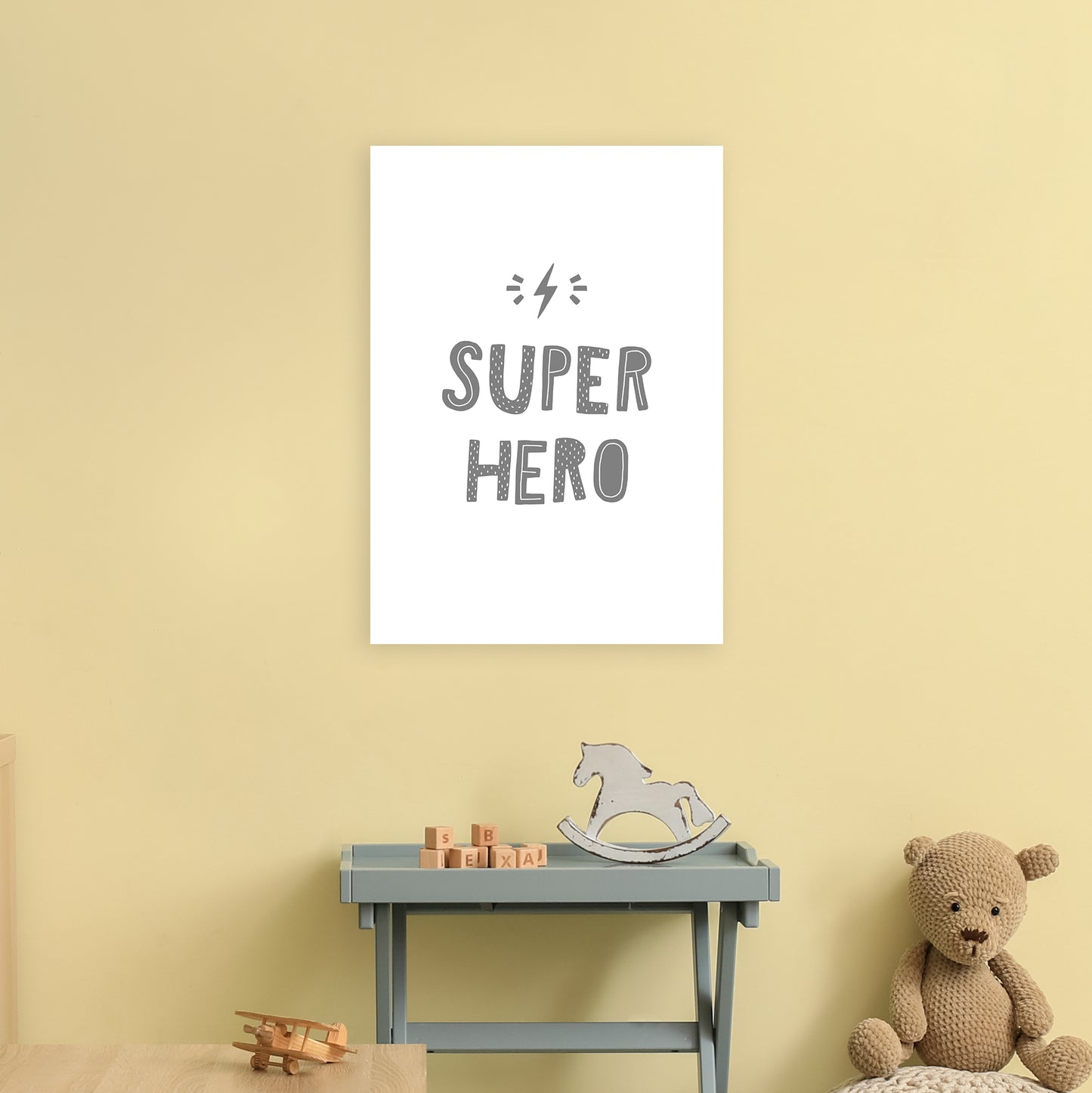 Super Hero Grey Super Scandi Art Print by Pixy Paper A2 Black Frame