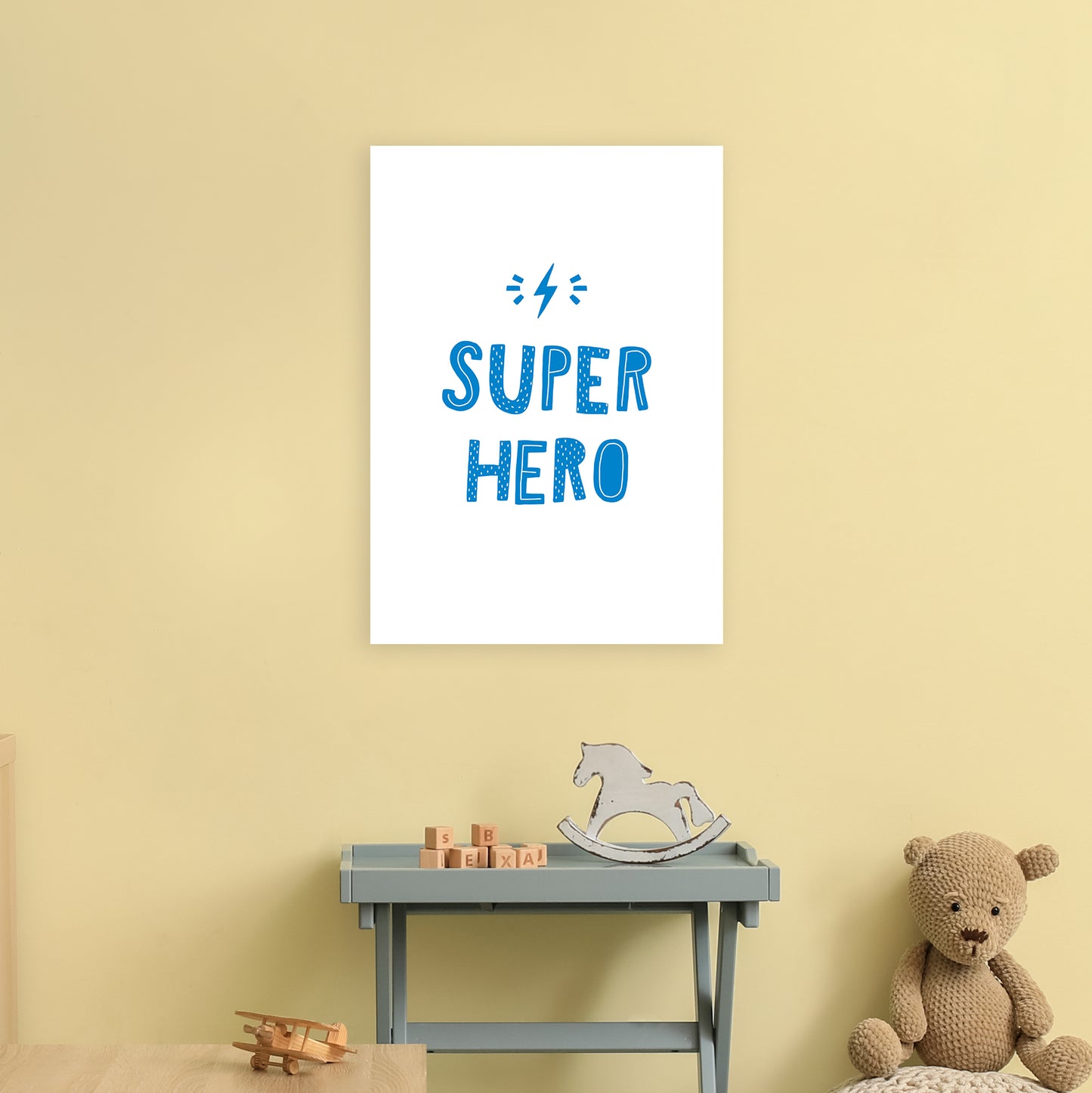 Super Hero Blue Super Scandi Art Print by Pixy Paper A2 Black Frame