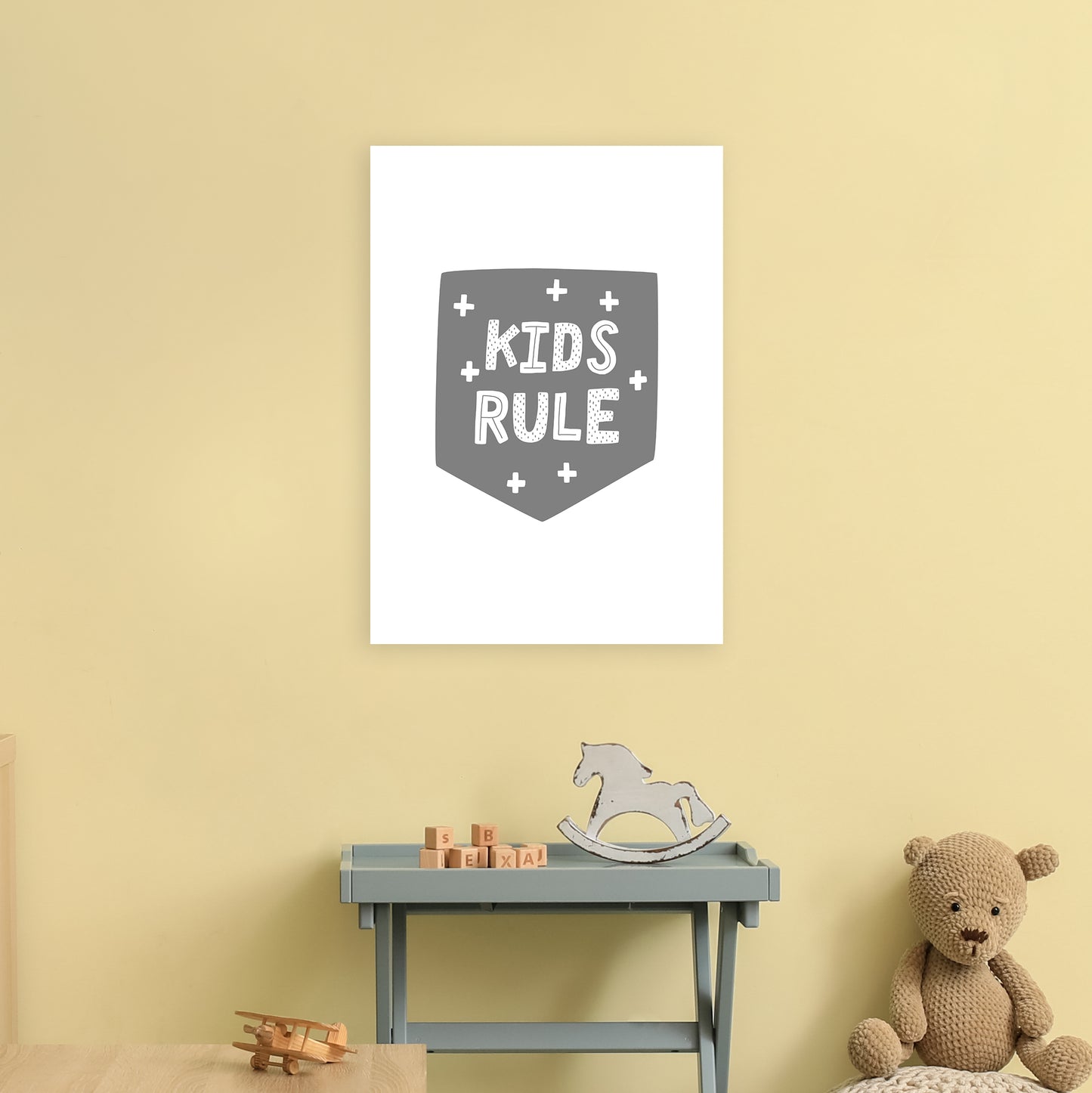 Kids Rule Super Scandi Grey Art Print by Pixy Paper A2 Black Frame