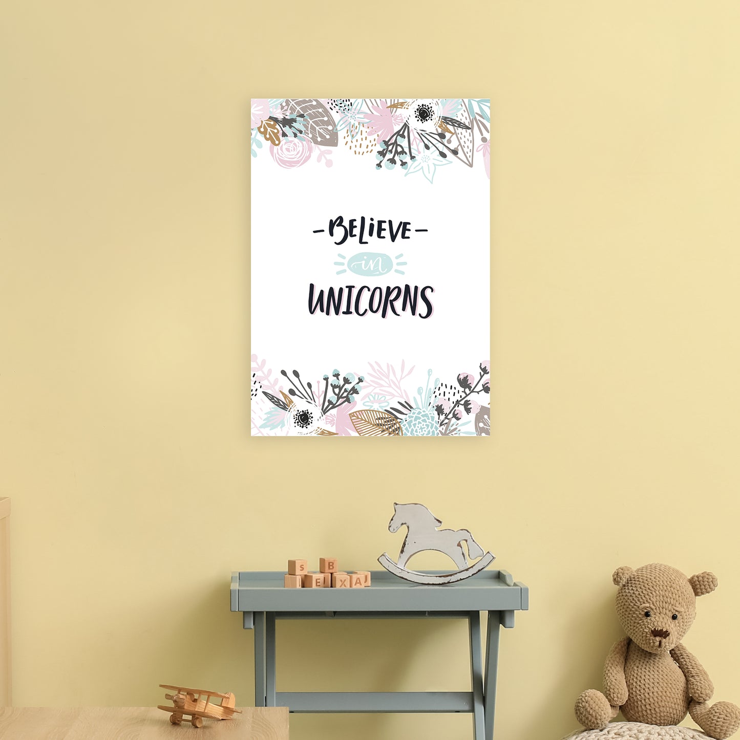 Believe In Unicorns Floral Art Print by Pixy Paper A2 Black Frame
