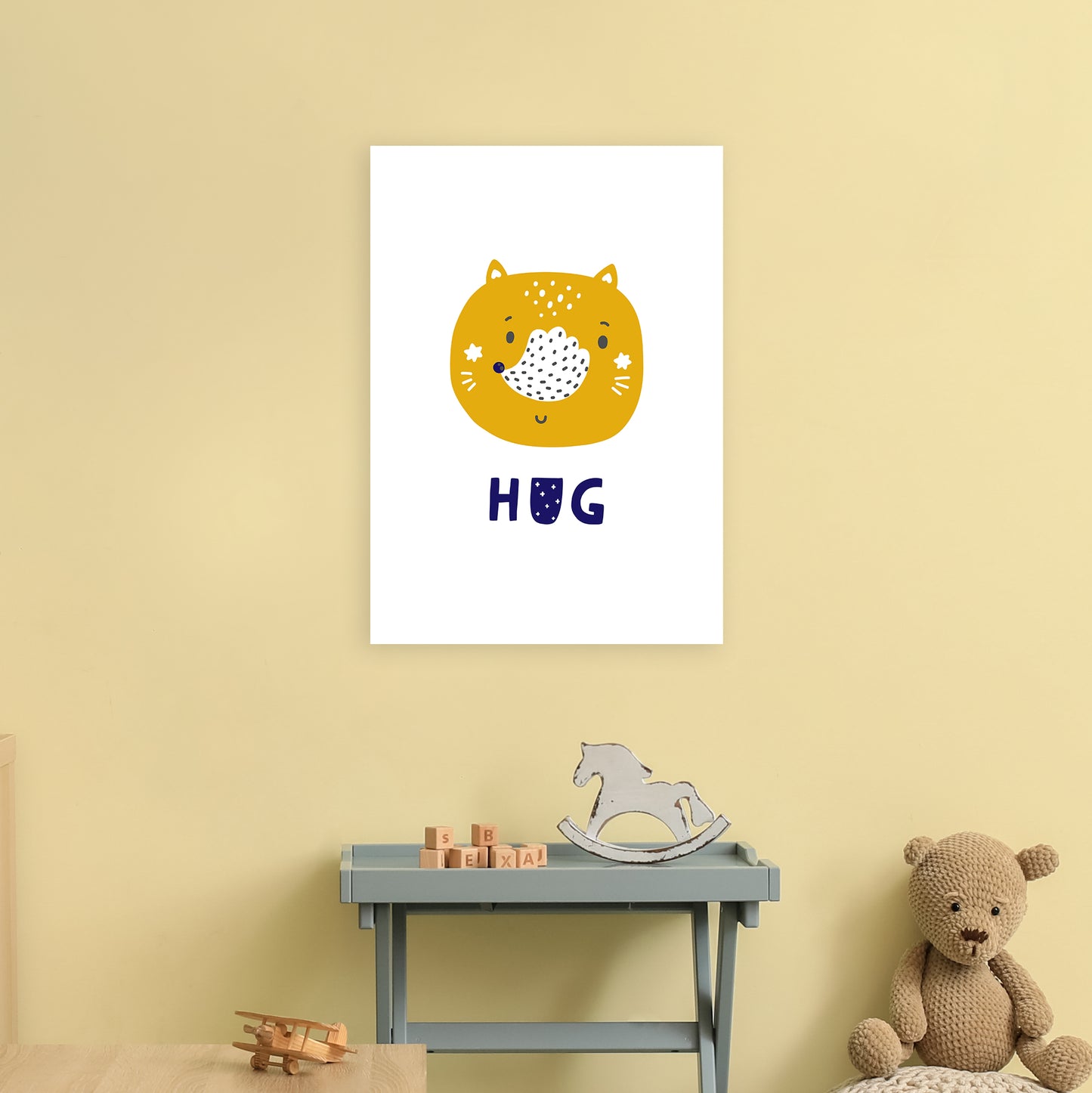 Fox Hug Navy Super Scandi Art Print by Pixy Paper A2 Black Frame