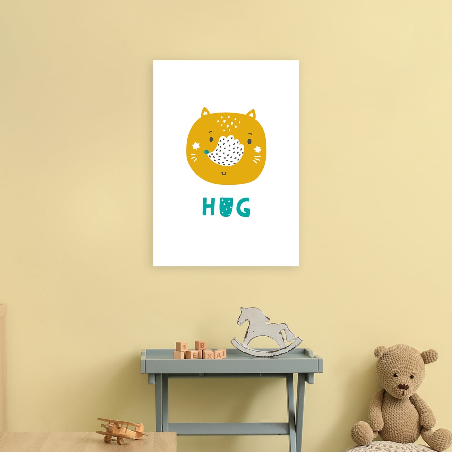 Fox Hug Teal Super Scandi Art Print by Pixy Paper A2 Black Frame