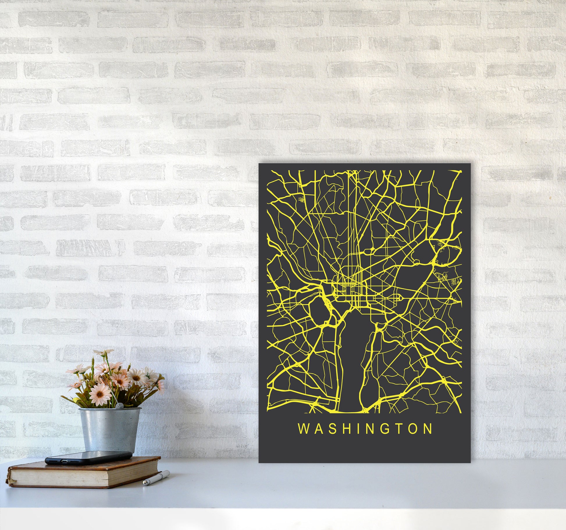 Washington Map Neon Art Print by Pixy Paper A2 Black Frame