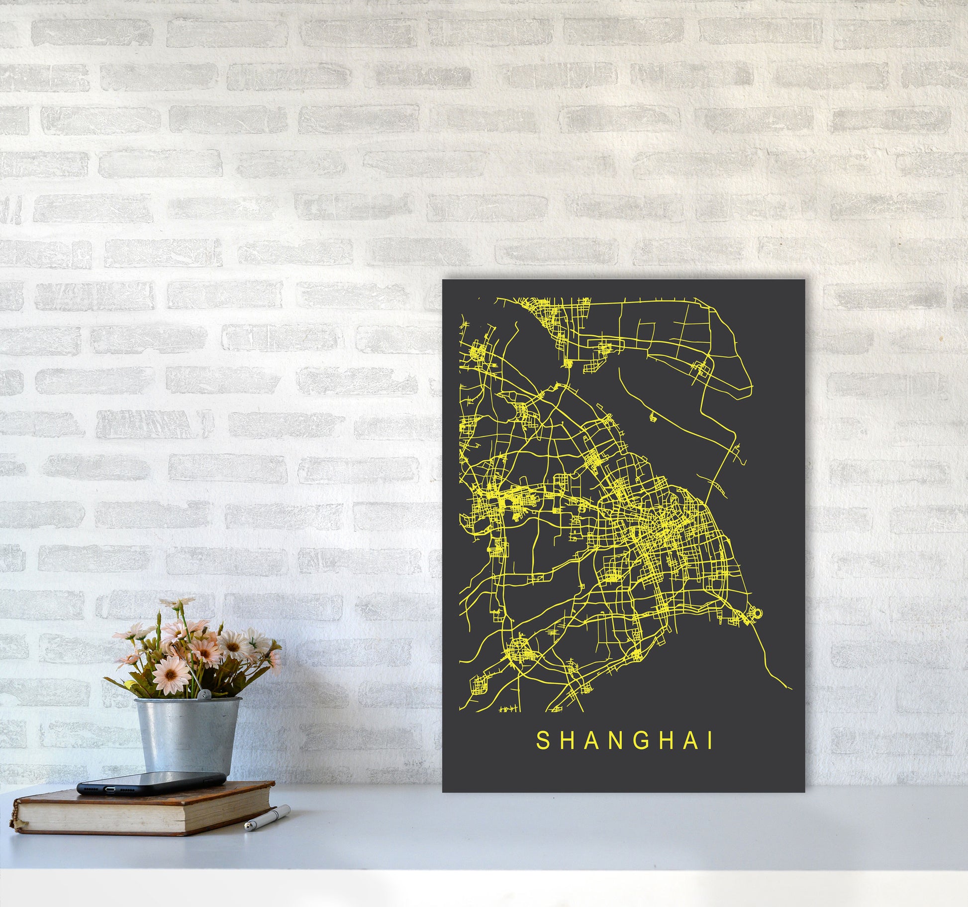 Shanghai Map Neon Art Print by Pixy Paper A2 Black Frame