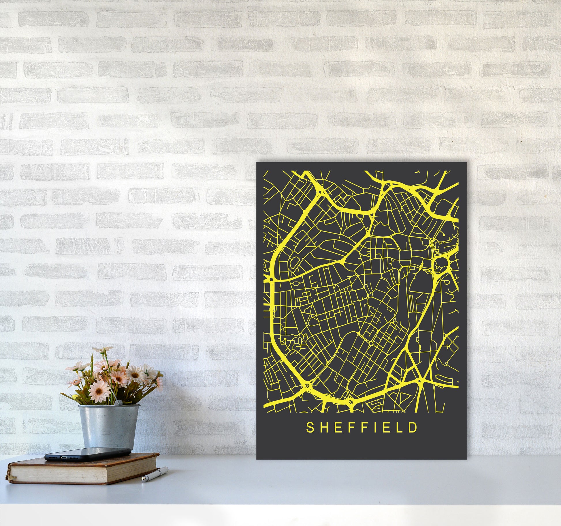 Sheffield Map Neon Art Print by Pixy Paper A2 Black Frame