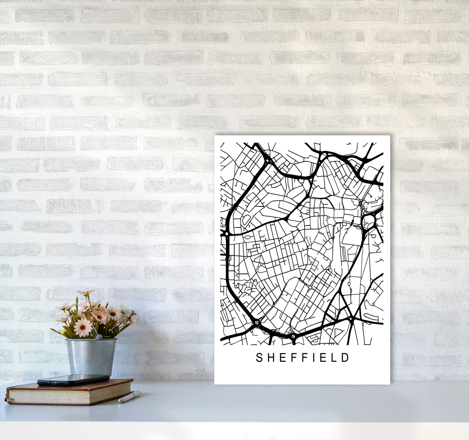Sheffield Map Art Print by Pixy Paper A2 Black Frame