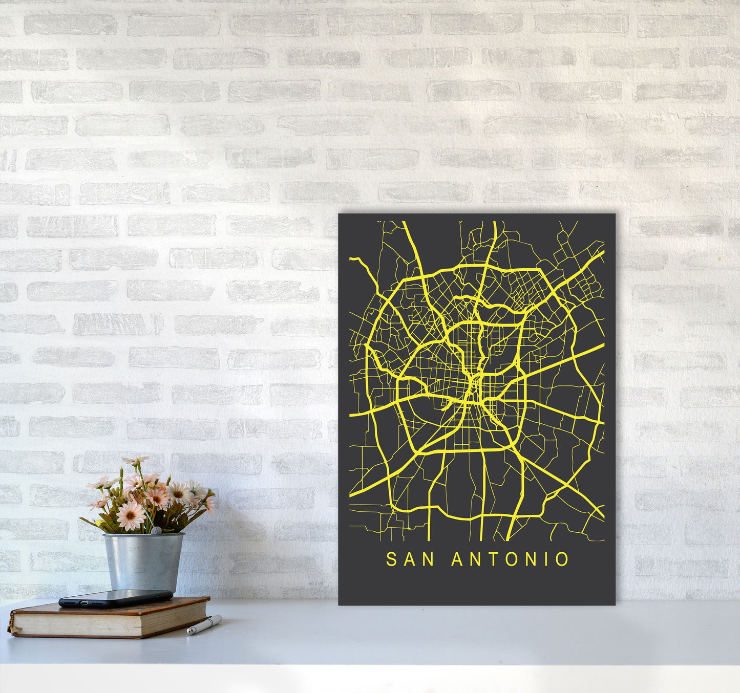 San Antonio Map Neon Art Print by Pixy Paper A2 Black Frame