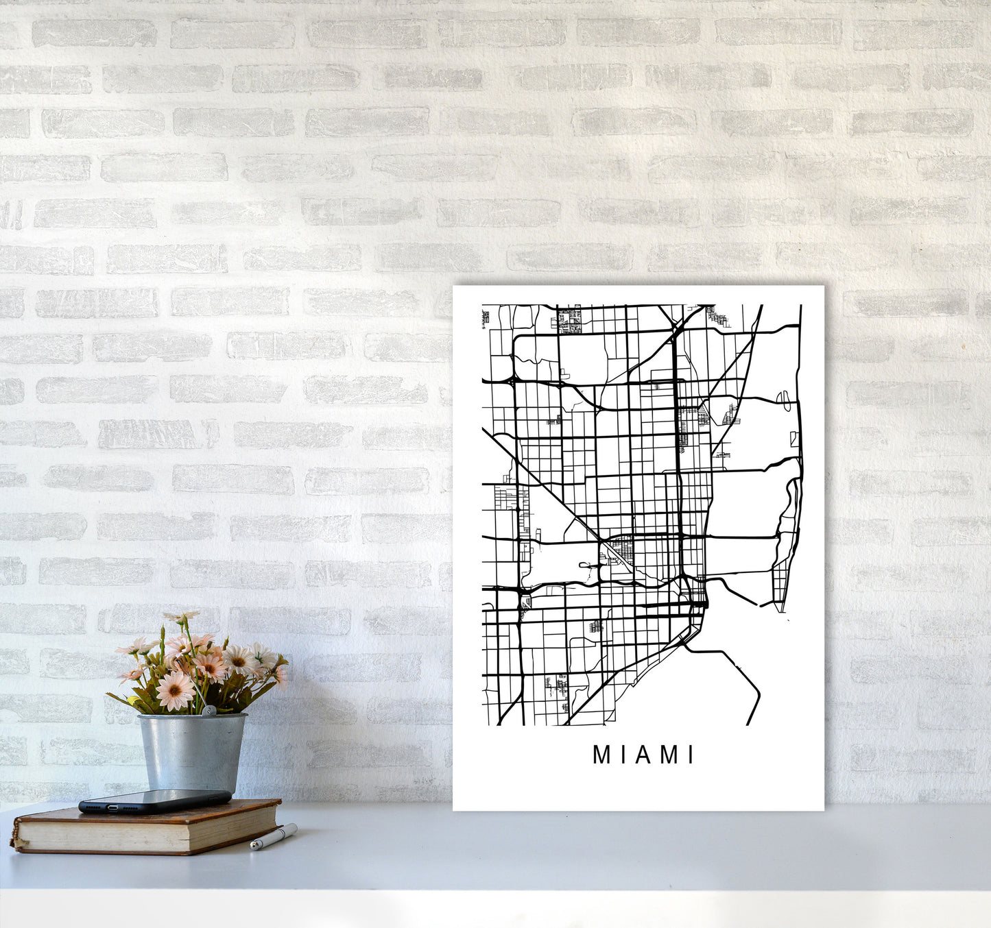 Miami Map Art Print by Pixy Paper A2 Black Frame
