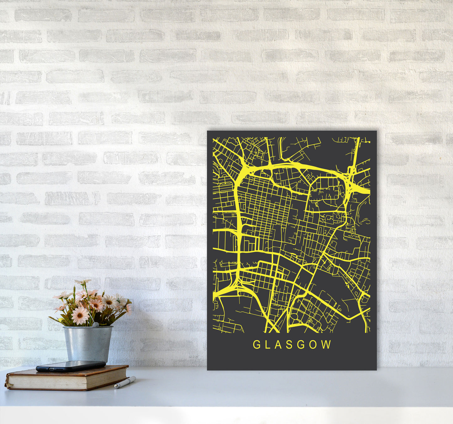 Glasgow Map Neon Art Print by Pixy Paper A2 Black Frame
