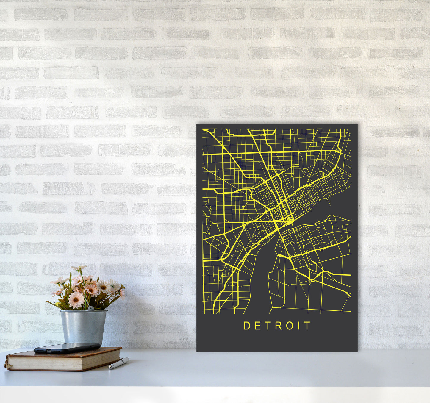 Detroit Map Neon Art Print by Pixy Paper A2 Black Frame