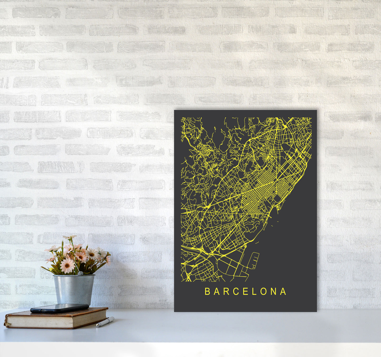 Barcelona Map Neon Art Print by Pixy Paper A2 Black Frame