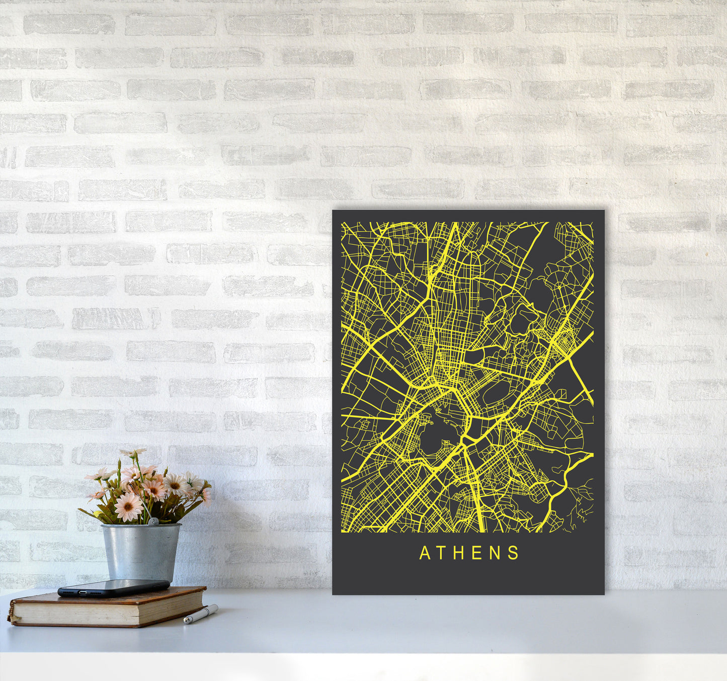 Athens Map Neon Art Print by Pixy Paper A2 Black Frame