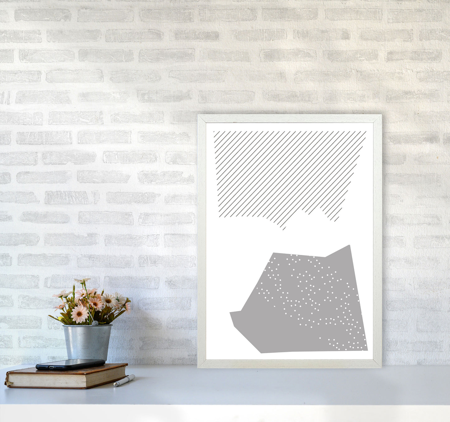 Grey Top And Bottom Abstract Modern Print A2 Oak Frame