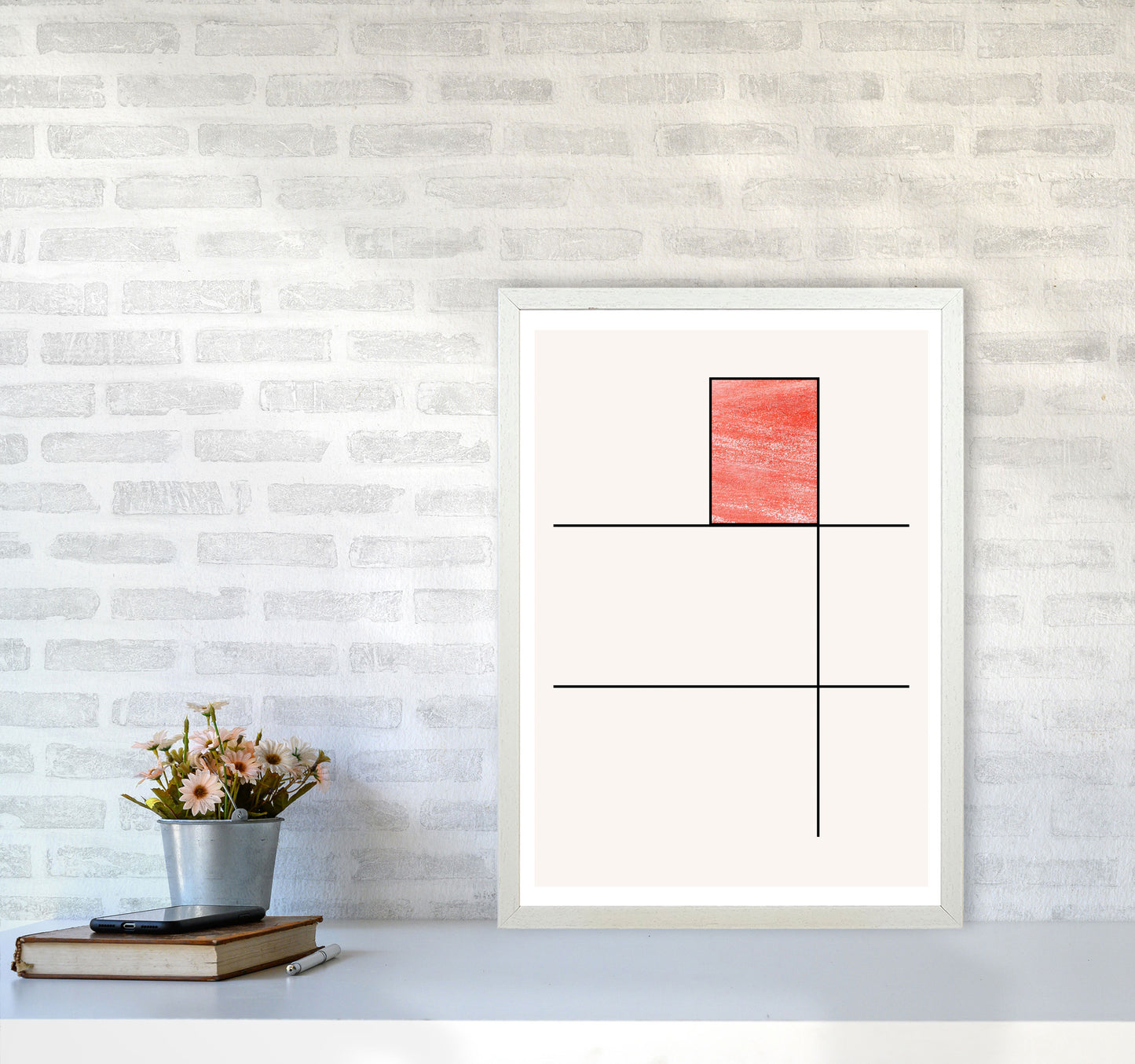 Abstract Red Crayon Geo 2 Modern Print A2 Oak Frame