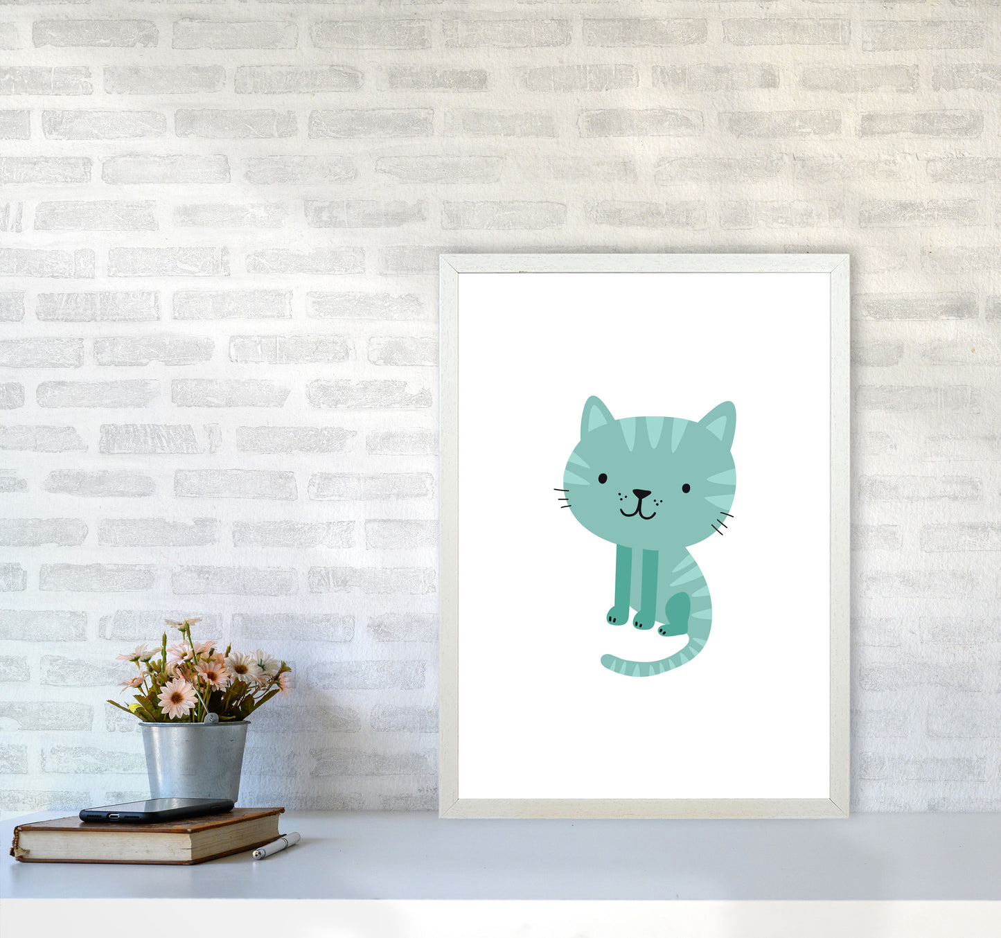 Children's Animals, Cat Modern Print A2 Oak Frame