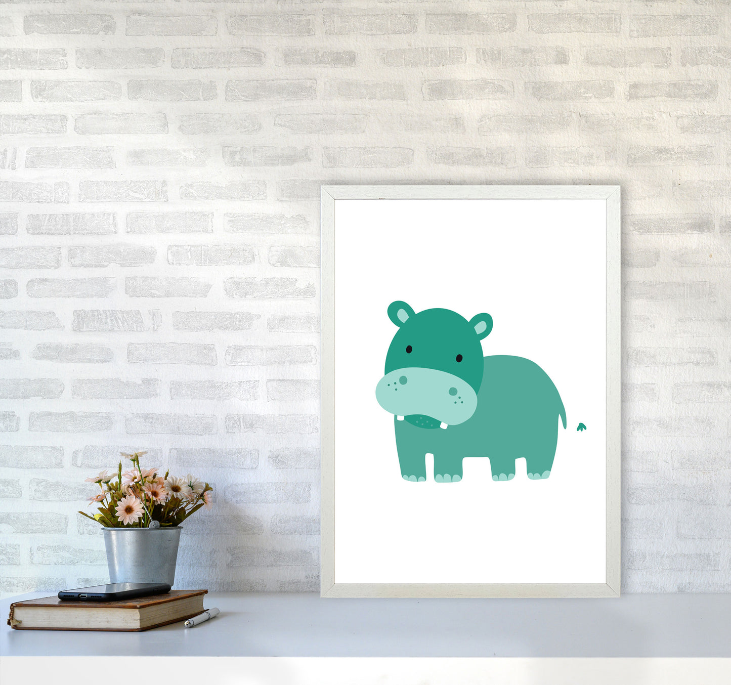 Children's Animals, Hippo Modern Print A2 Oak Frame