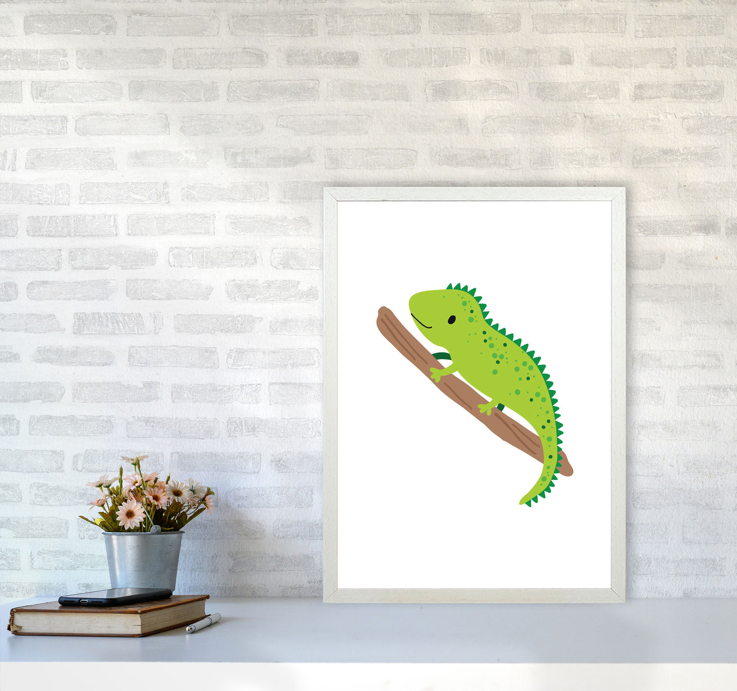 Children's Animals, Iguana Modern Print A2 Oak Frame