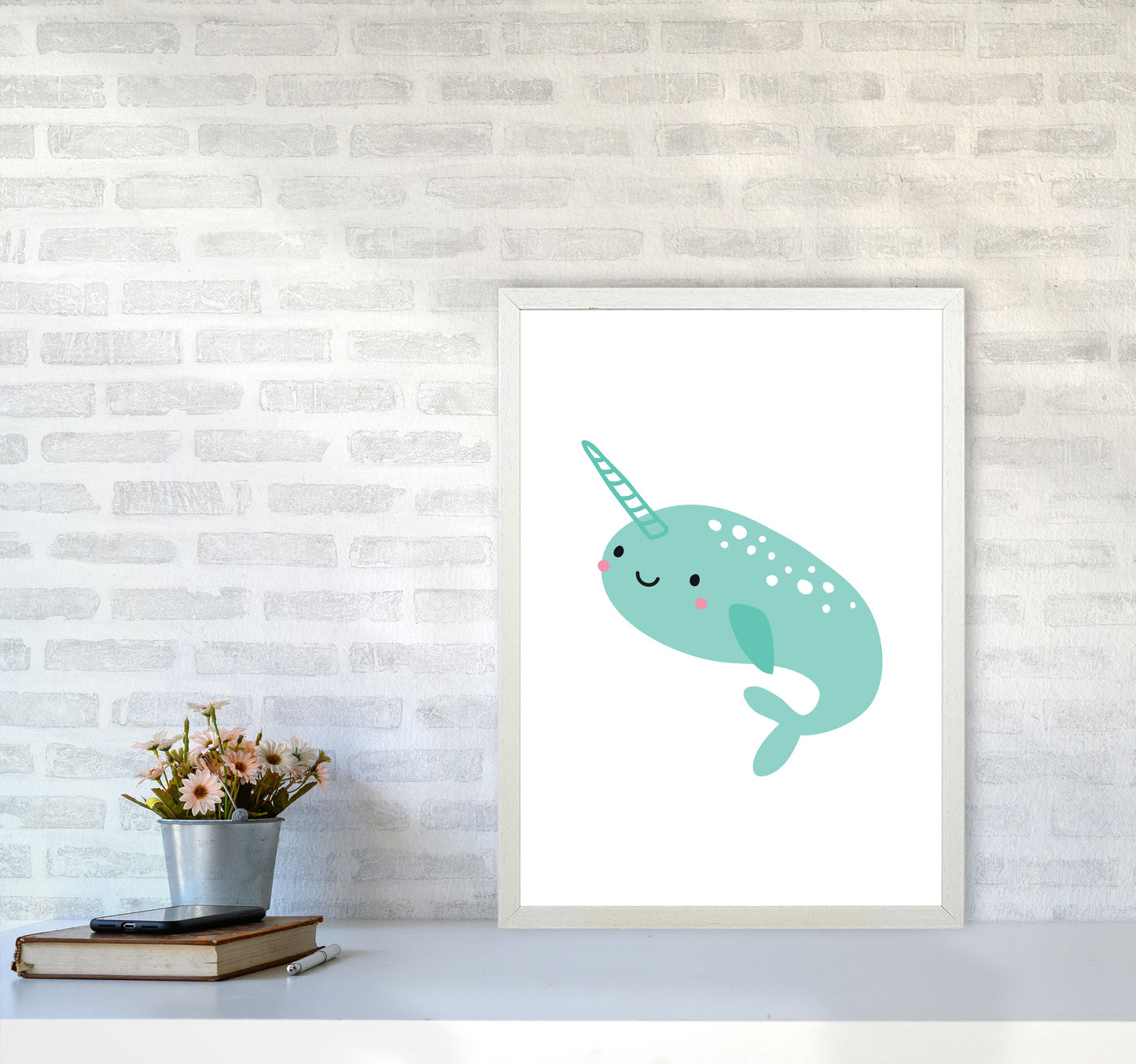 Children's Animals, Narwhal Modern Print A2 Oak Frame