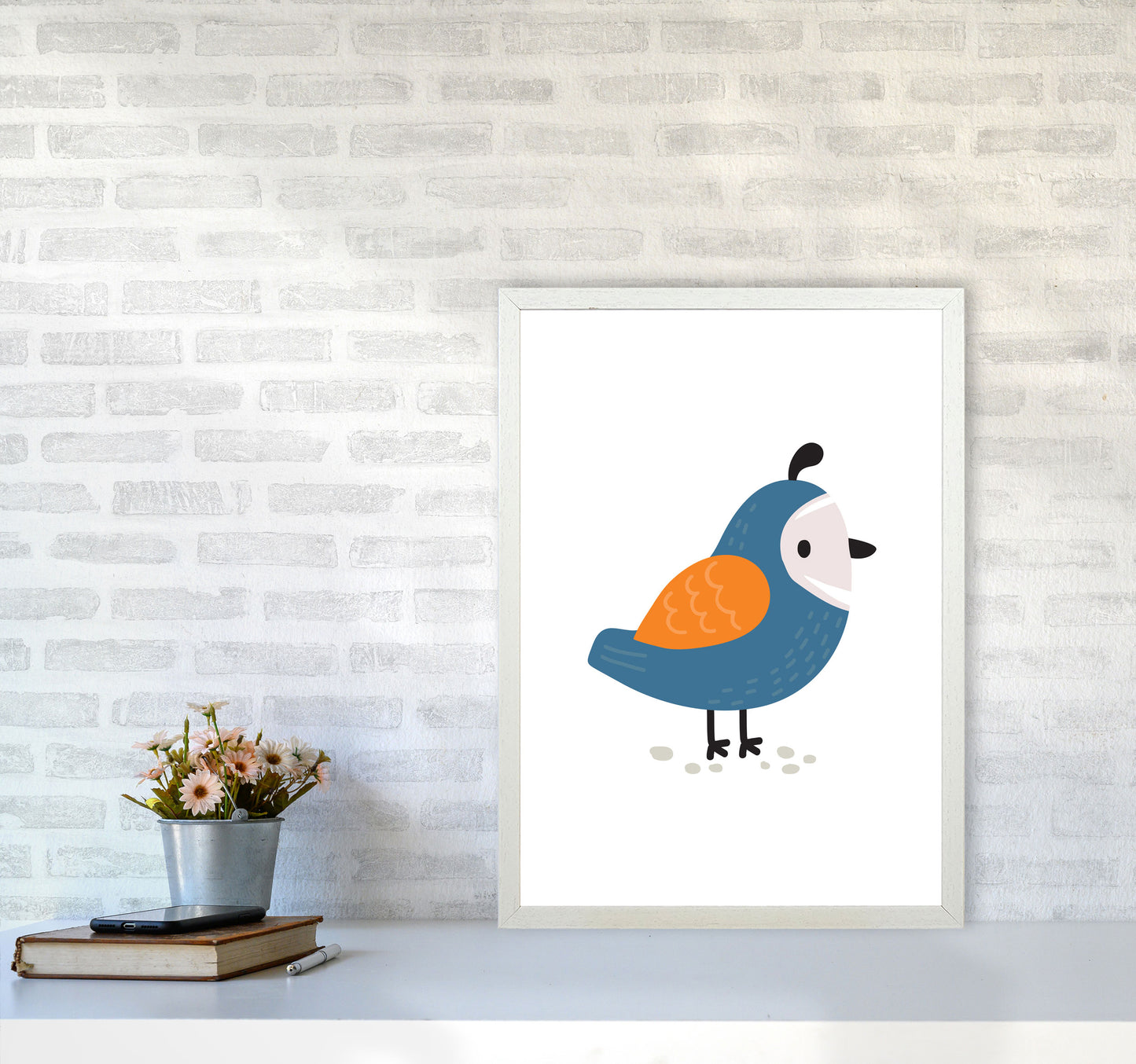 Children's Animals, Quail Modern Print A2 Oak Frame