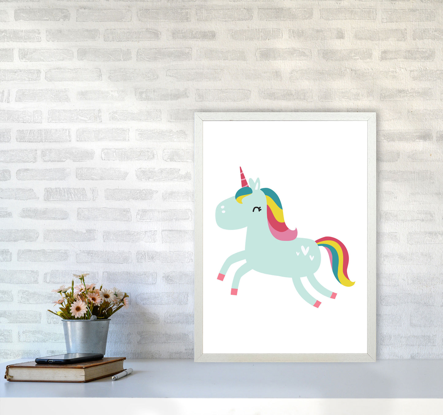 Children's Animals, Unicorn Modern Print A2 Oak Frame