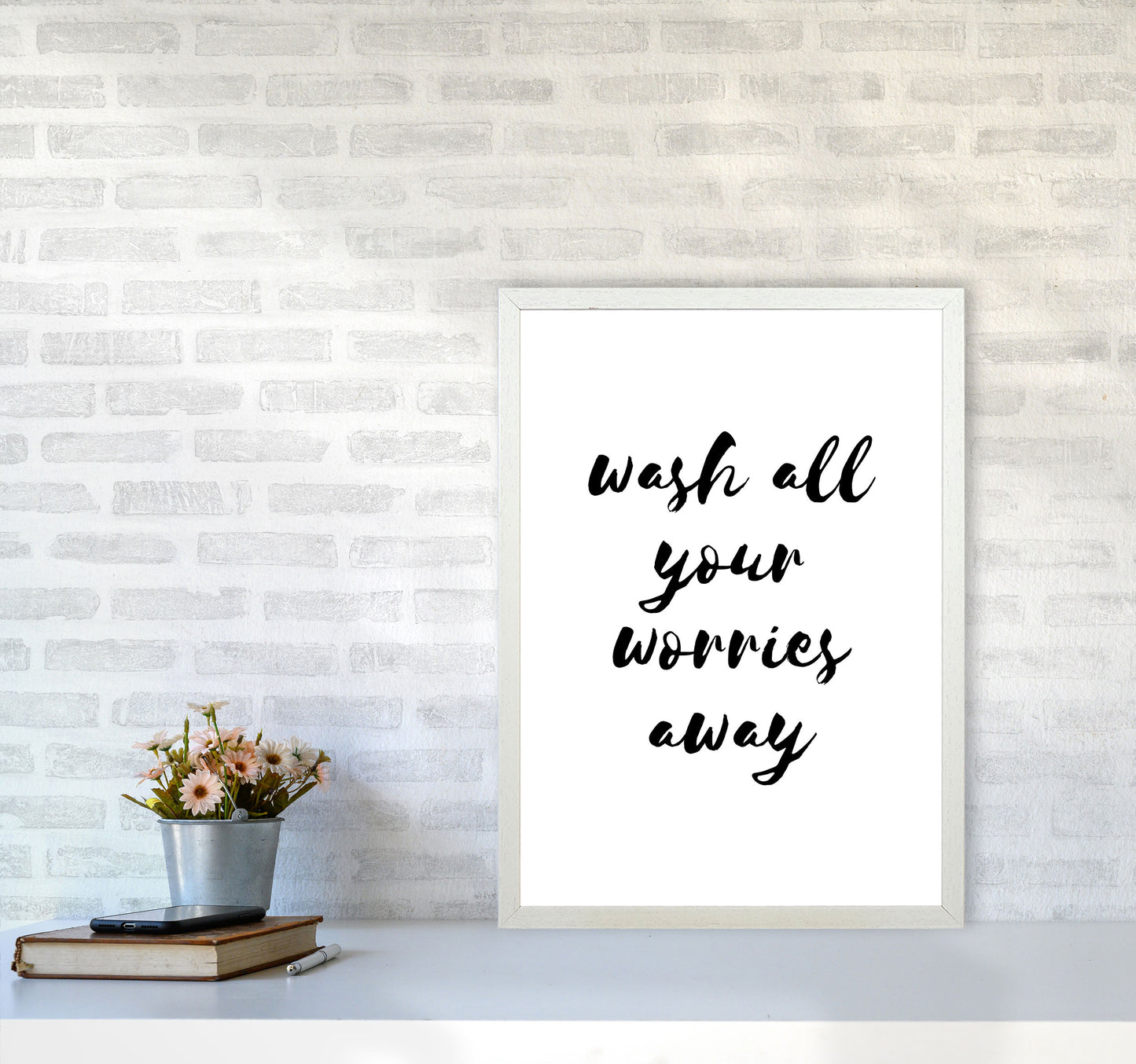 Wash All Your Worries Away, Bathroom Modern Print, Framed Bathroom Wall Art A2 Oak Frame
