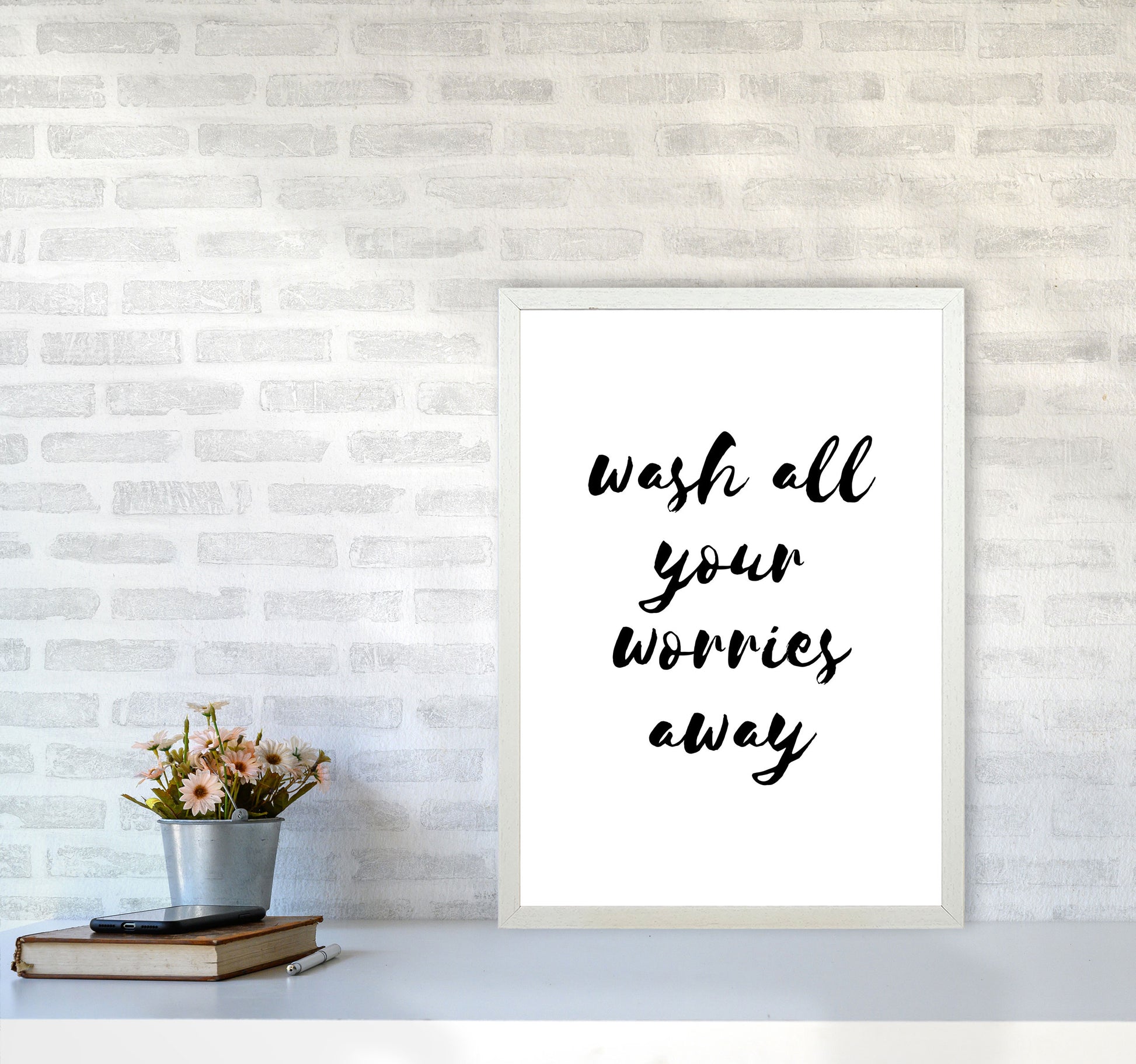 Wash All Your Worries Away, Bathroom Modern Print, Framed Bathroom Wall Art A2 Oak Frame