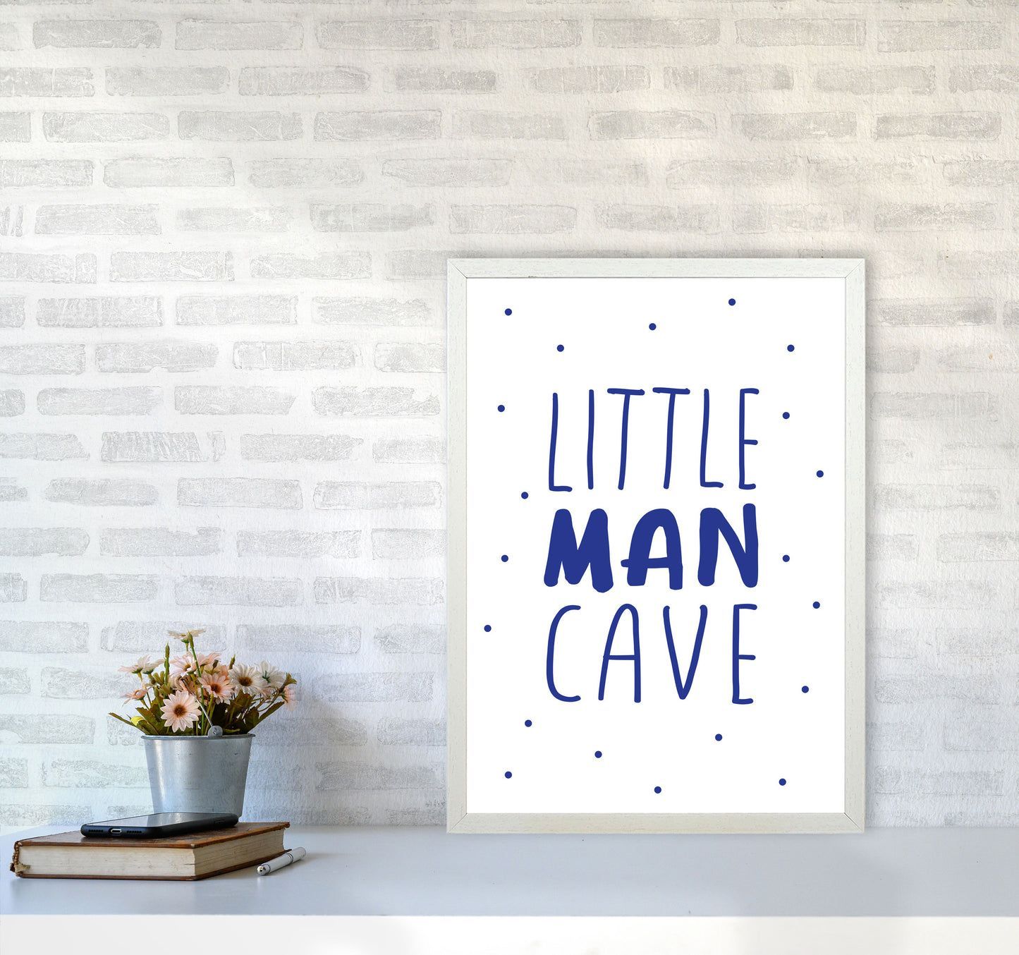 Little Man Cave Navy Dots Framed Nursey Wall Art Print A2 Oak Frame