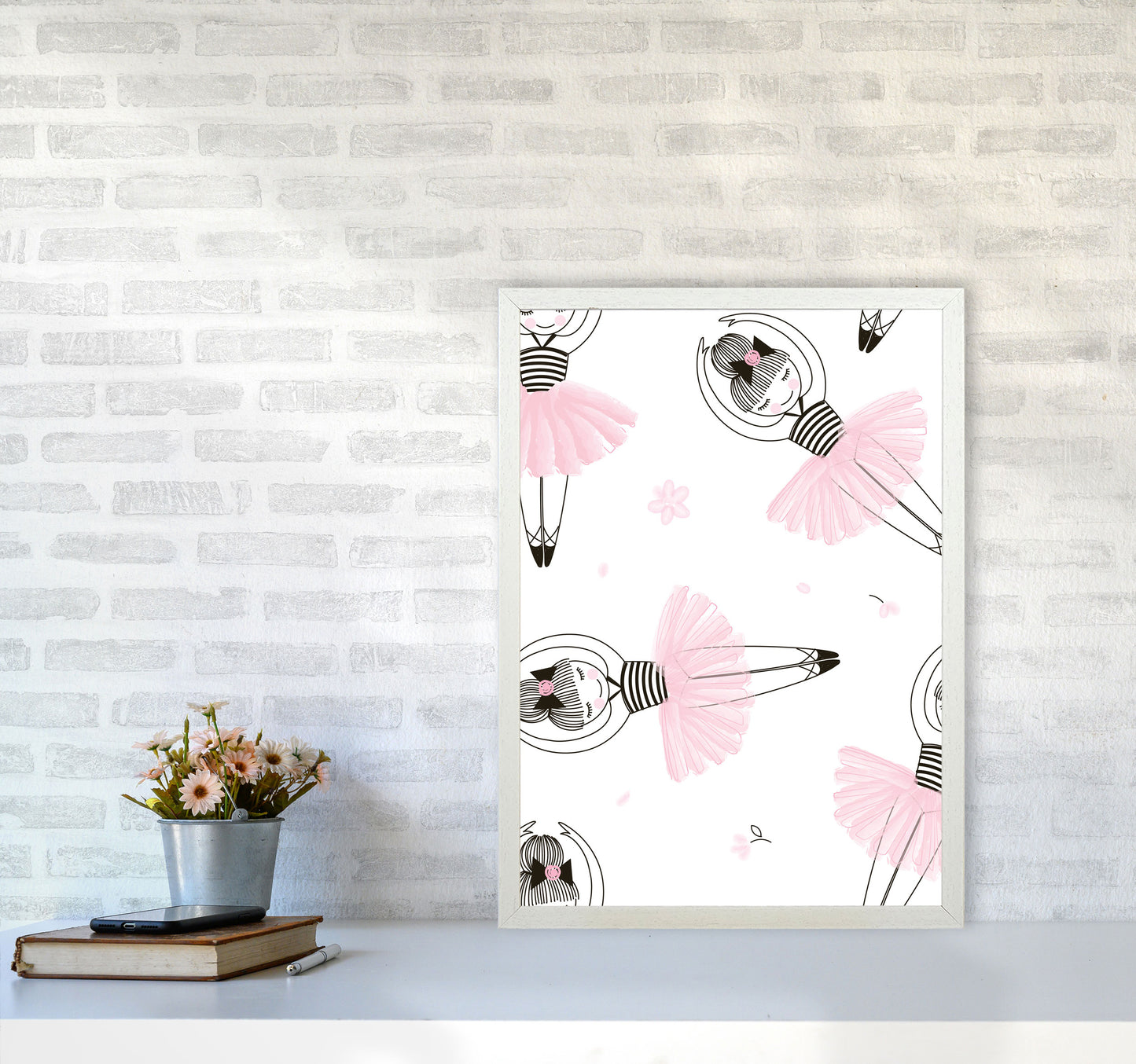 Ballerina Repeat Pattern Framed Nursey Wall Art Print A2 Oak Frame