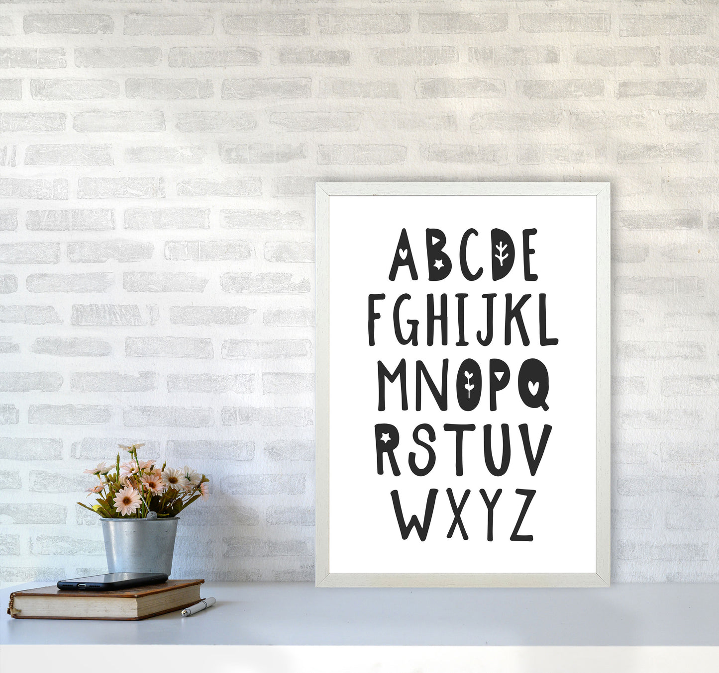 Black Alphabet Framed Nursey Wall Art Print A2 Oak Frame