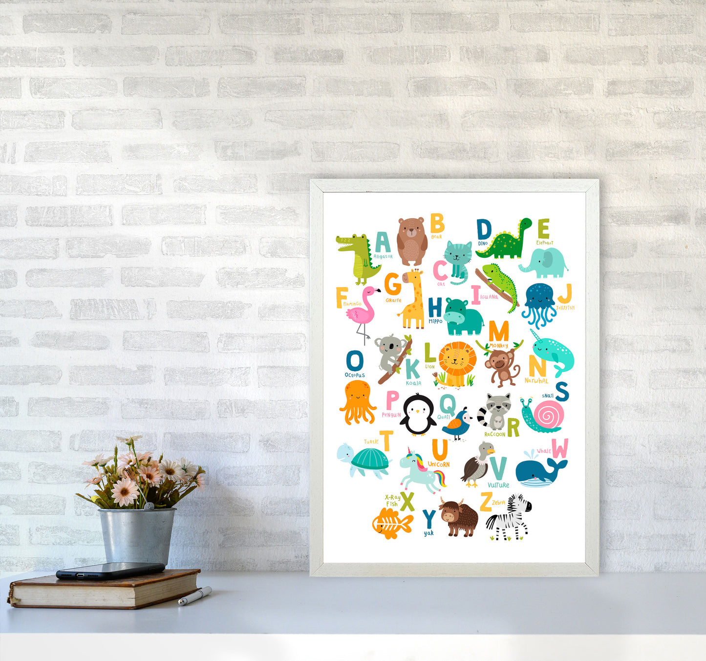 Animal Alphabet Modern Print A2 Oak Frame