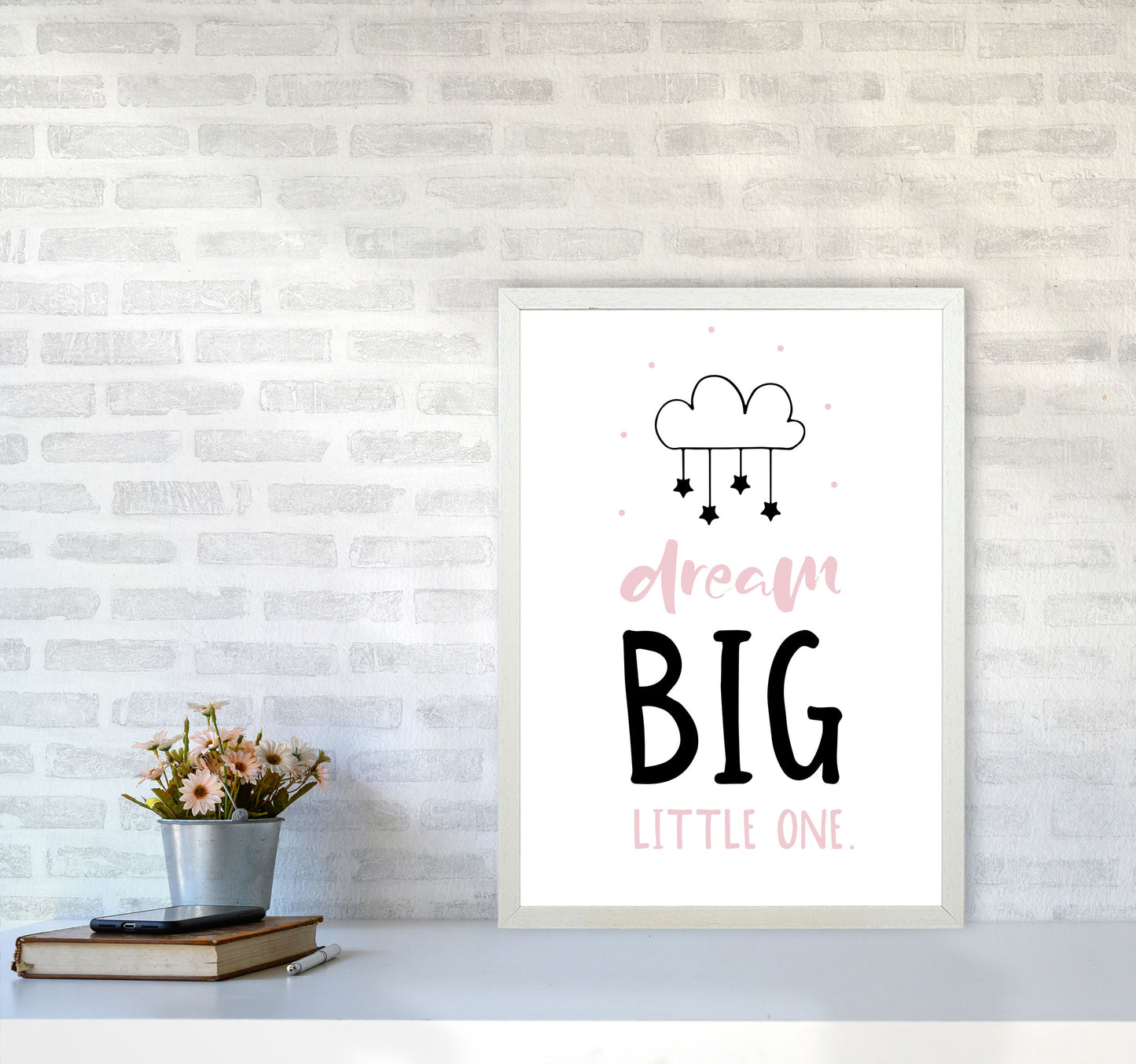Dream Big Little One Pink And Black Framed Nursey Wall Art Print A2 Oak Frame