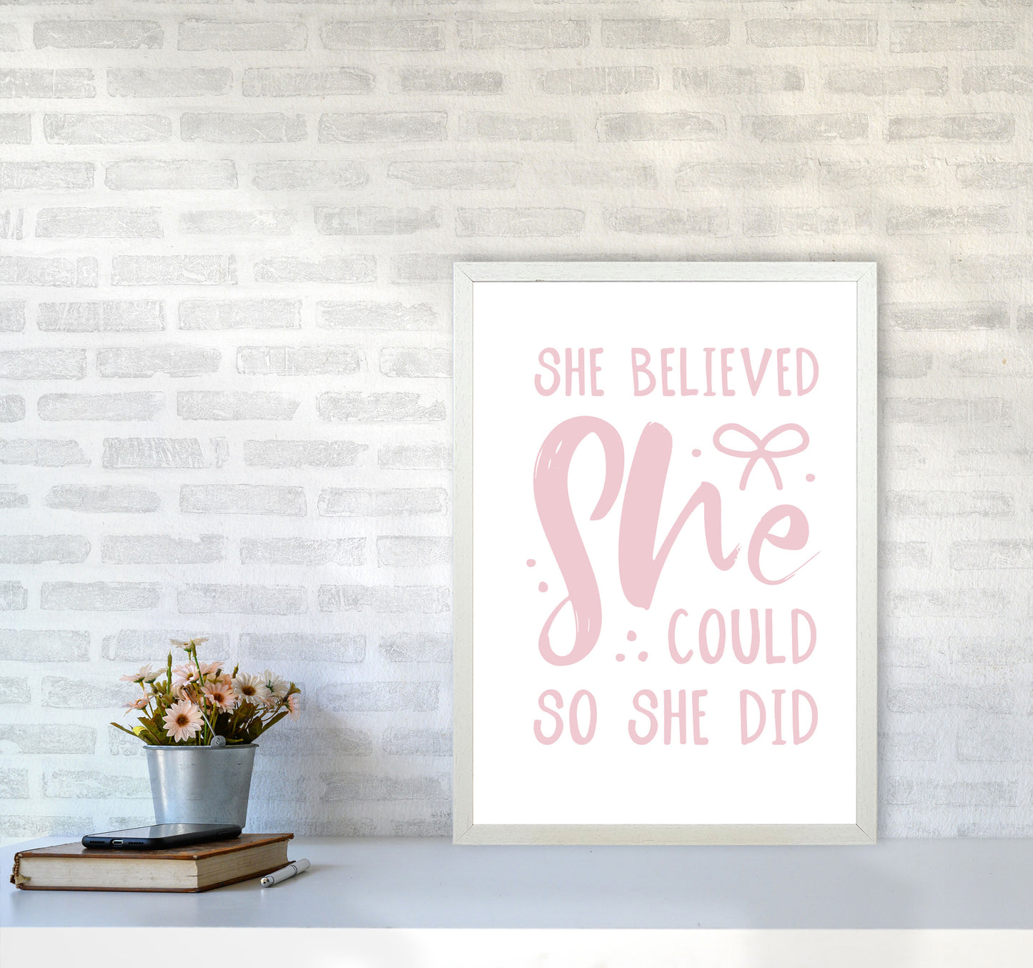 She Believed She Could So She Did Baby Pink Modern Print A2 Oak Frame