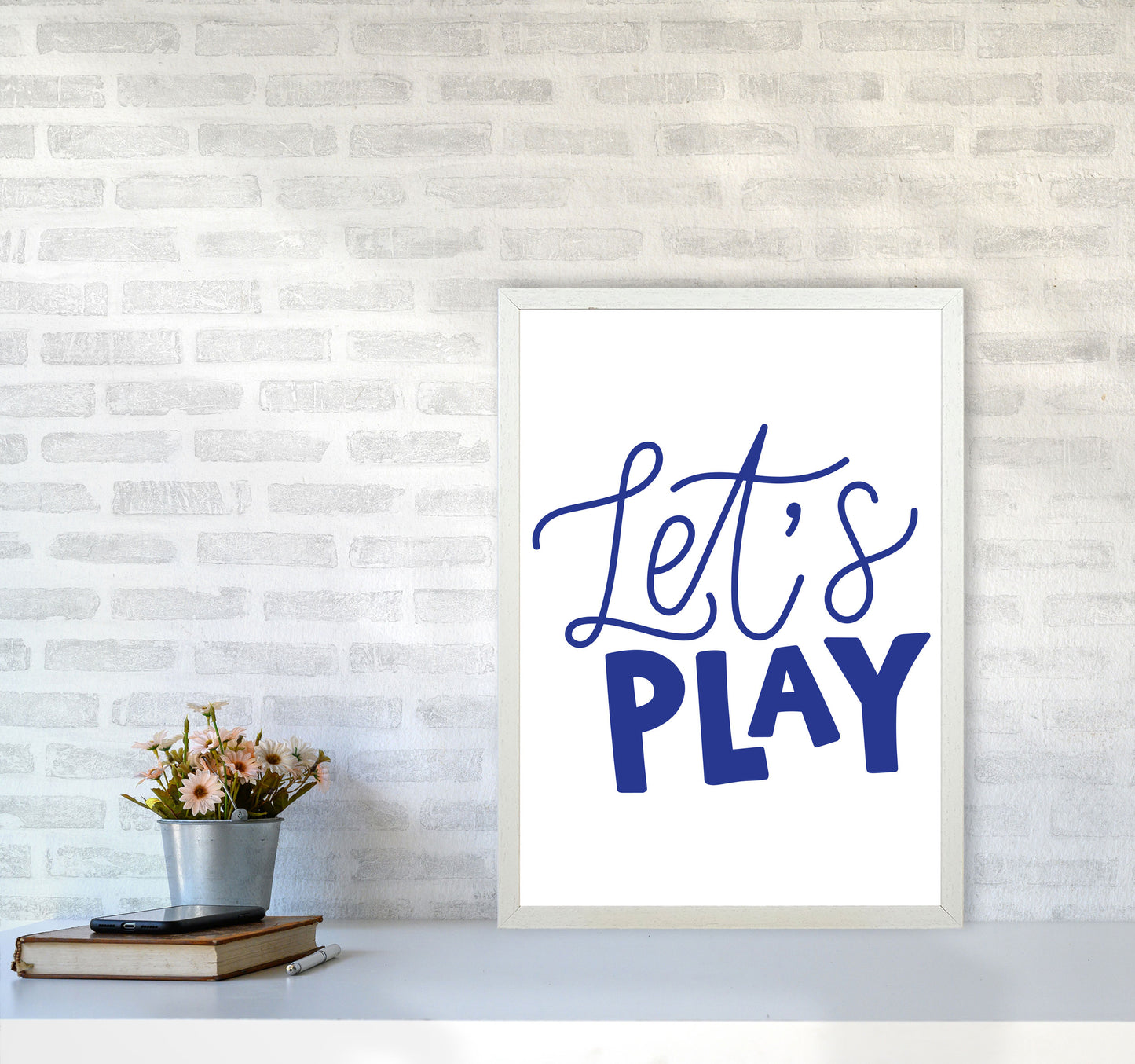 Let's Play Navy Framed Typography Wall Art Print A2 Oak Frame
