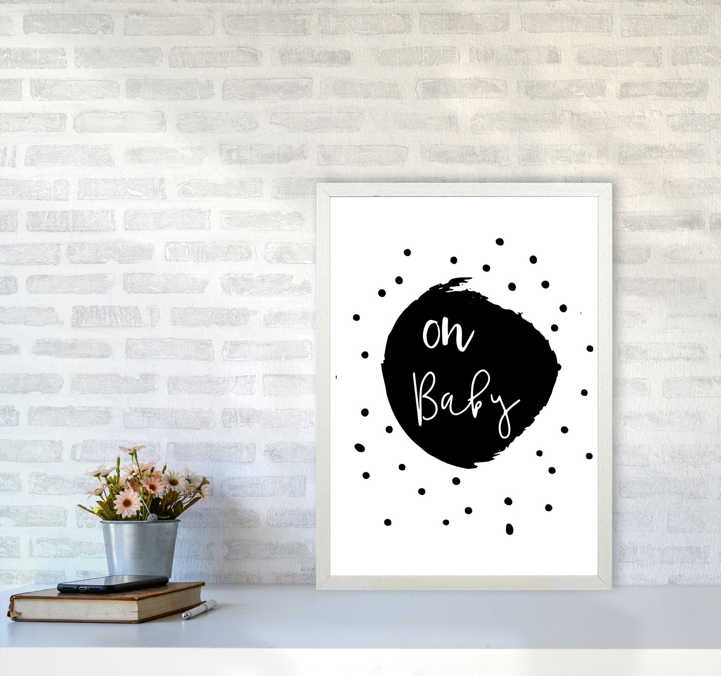 Oh Baby Black Framed Typography Wall Art Print A2 Oak Frame