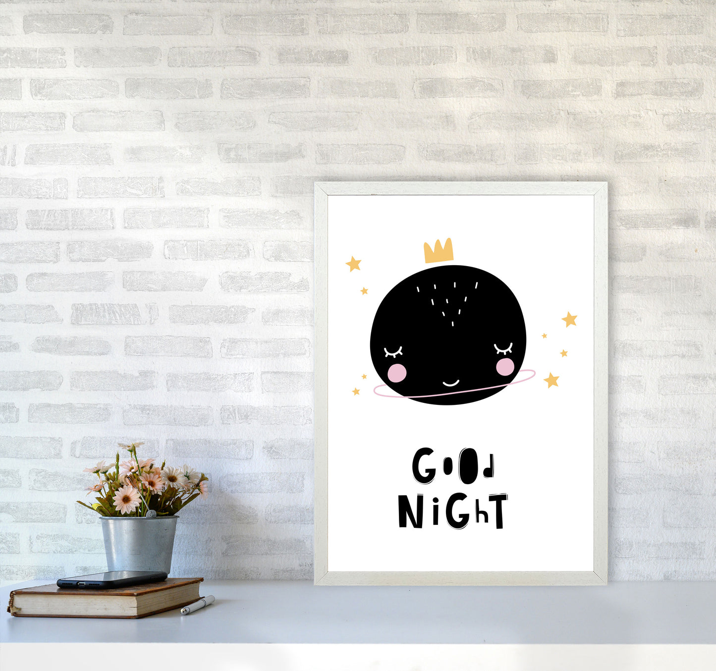 Good Night Planet Framed Nursey Wall Art Print A2 Oak Frame