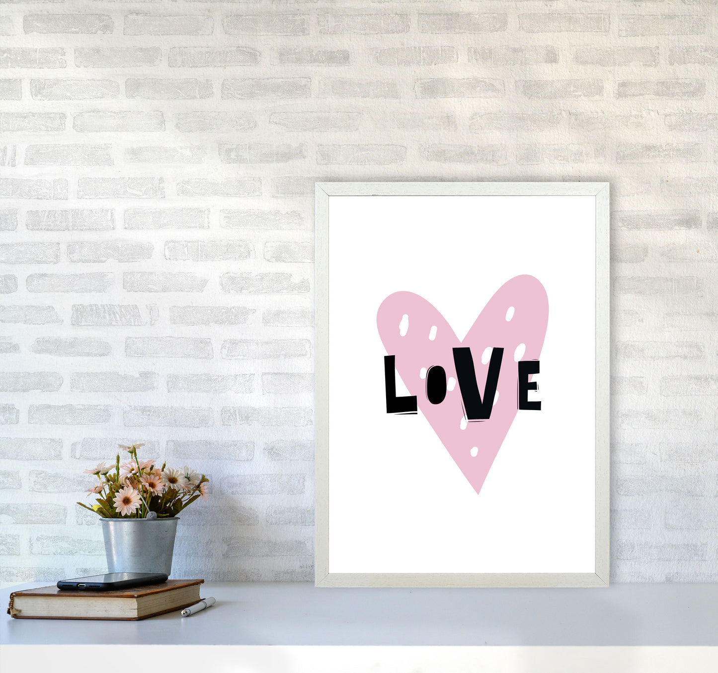 Love Heart Scandi Framed Typography Wall Art Print A2 Oak Frame