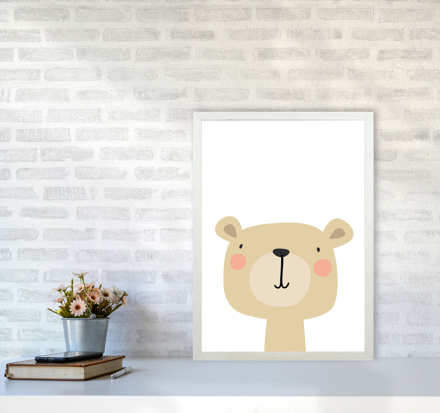Beige Bear Modern Print Animal Art Print A2 Oak Frame