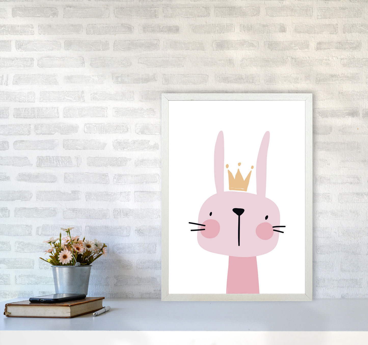 Pink Bunny Modern Print Animal Art Print A2 Oak Frame