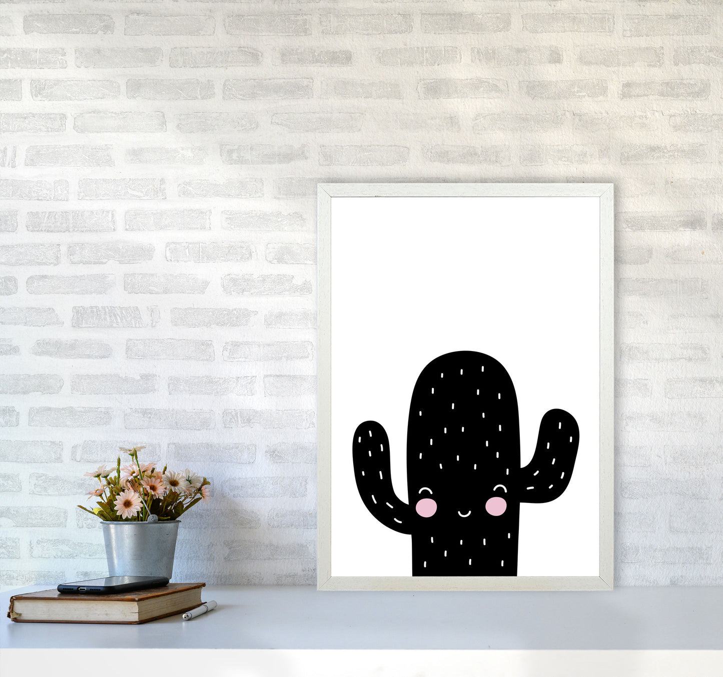 Black Scandi Cactus Modern Print, Framed Botanical & Nature Art Print A2 Oak Frame