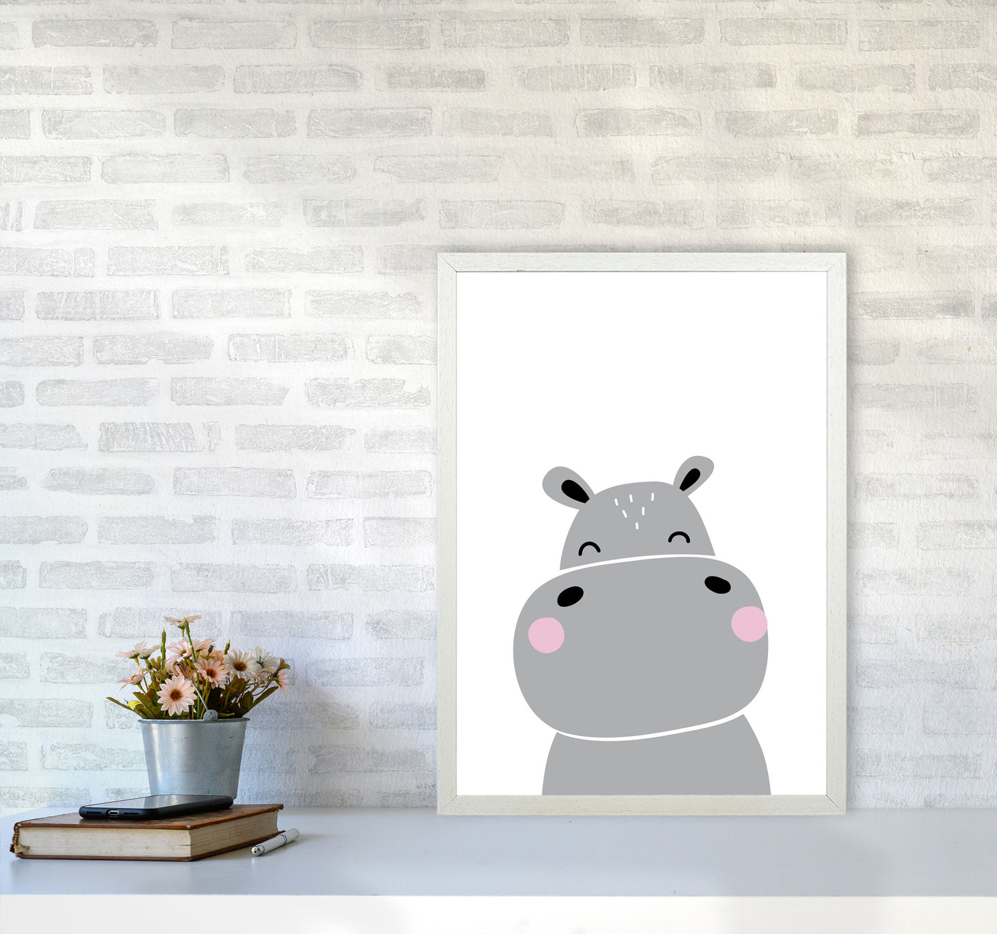 Scandi Hippo Framed Nursey Wall Art Print A2 Oak Frame