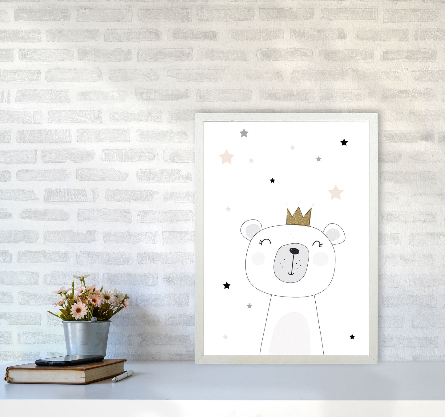 Scandi Cute Bear With Crown And Stars Print, Framed Childrens Wall Art A2 Oak Frame