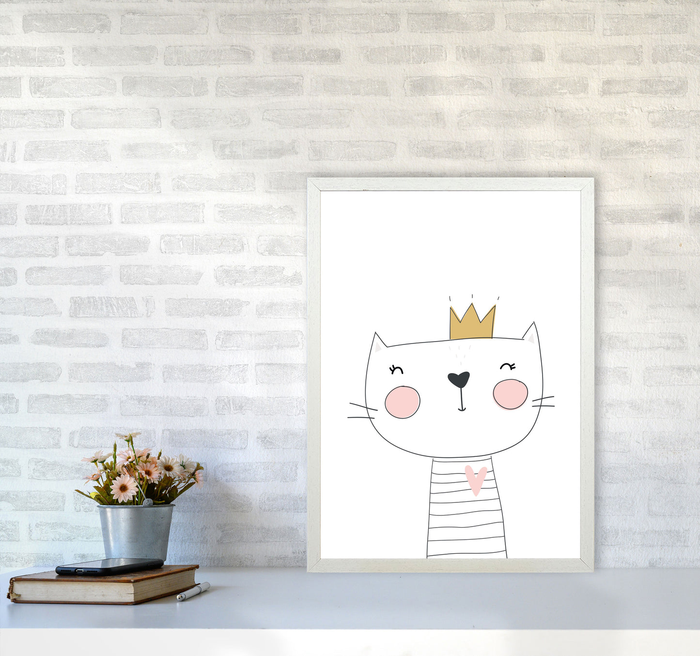 Scandi Cute Cat With Crown Framed Nursey Wall Art Print A2 Oak Frame