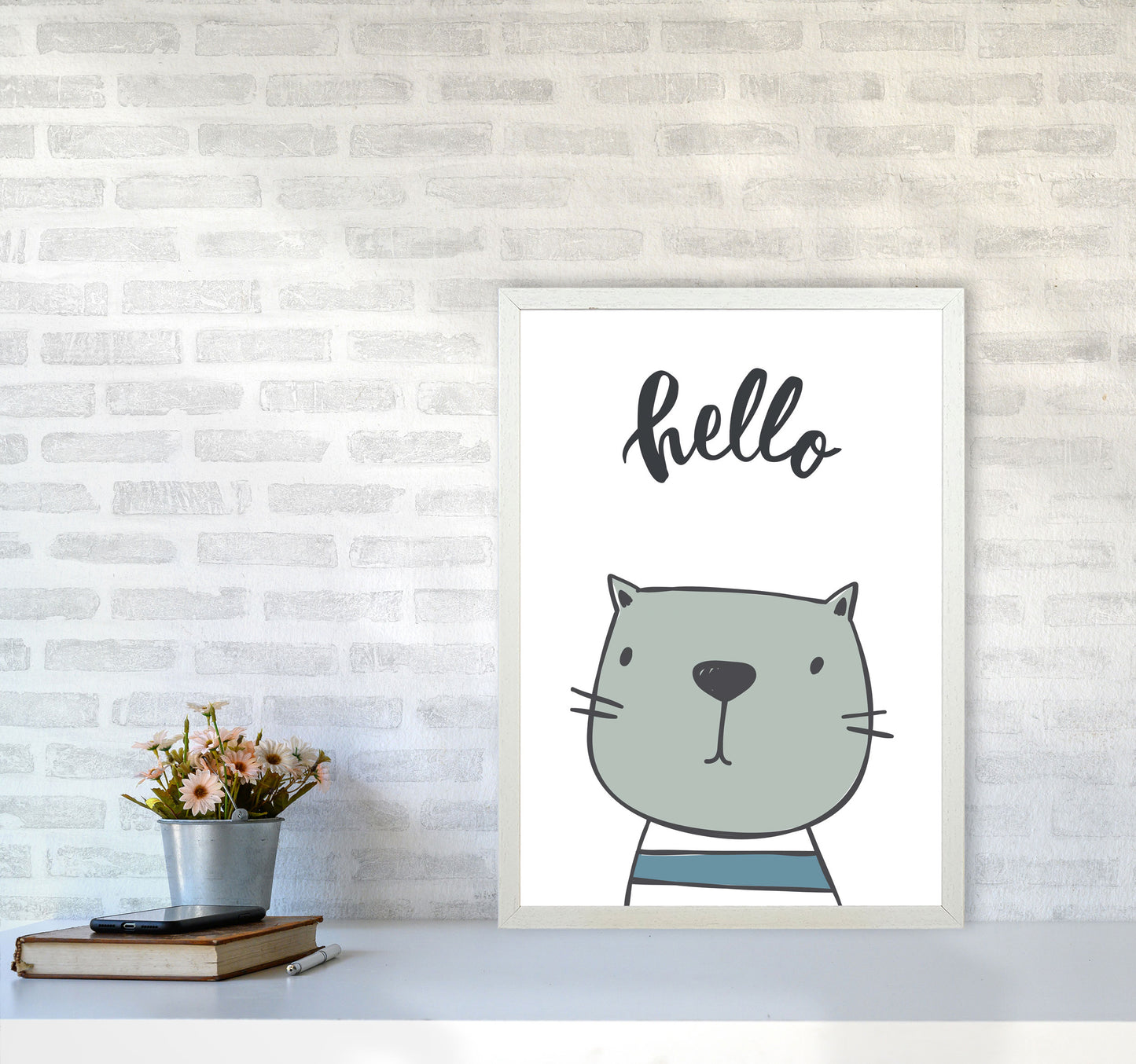 Hello Cat Modern Print Animal Art Print A2 Oak Frame