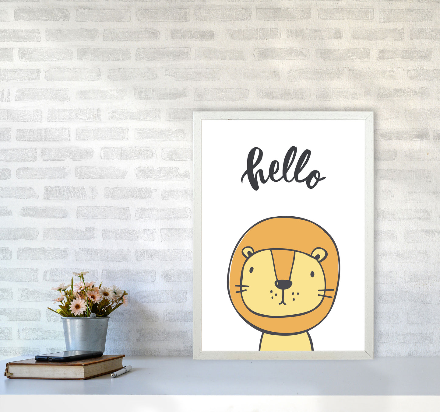 Hello Lion Modern Print Animal Art Print A2 Oak Frame